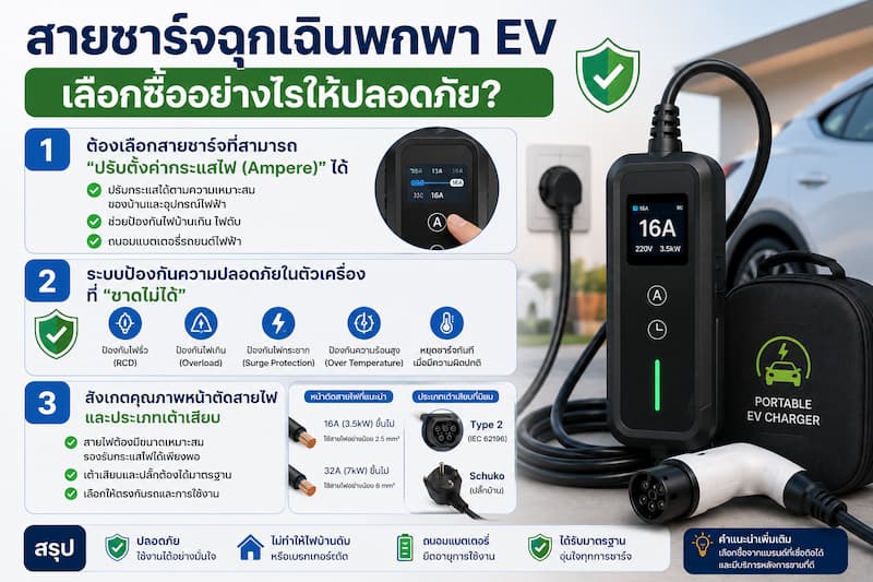 สายชาร์จฉุกเฉินพกพา EV เลือกซื้ออย่างไรให้ปลอดภัย
