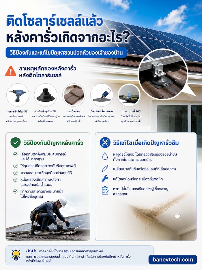 ติดโซลาร์เซลล์แล้วหลังคารั่วเกิดจากอะไร? วิธีป้องกันและแก้ไขปัญหา